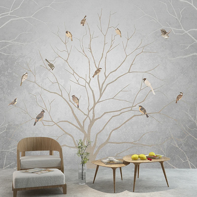 Murales de papel tapiz impermeables, arte minimalista de pared no tejido con patrón de pájaros y árboles desnudos Negro Cl...