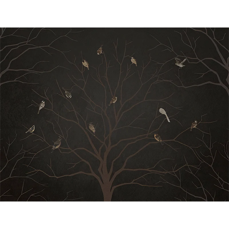 Murales de papel tapiz impermeables, arte minimalista de pared no tejido con patrón de pájaros y árboles desnudos Negro Cl...