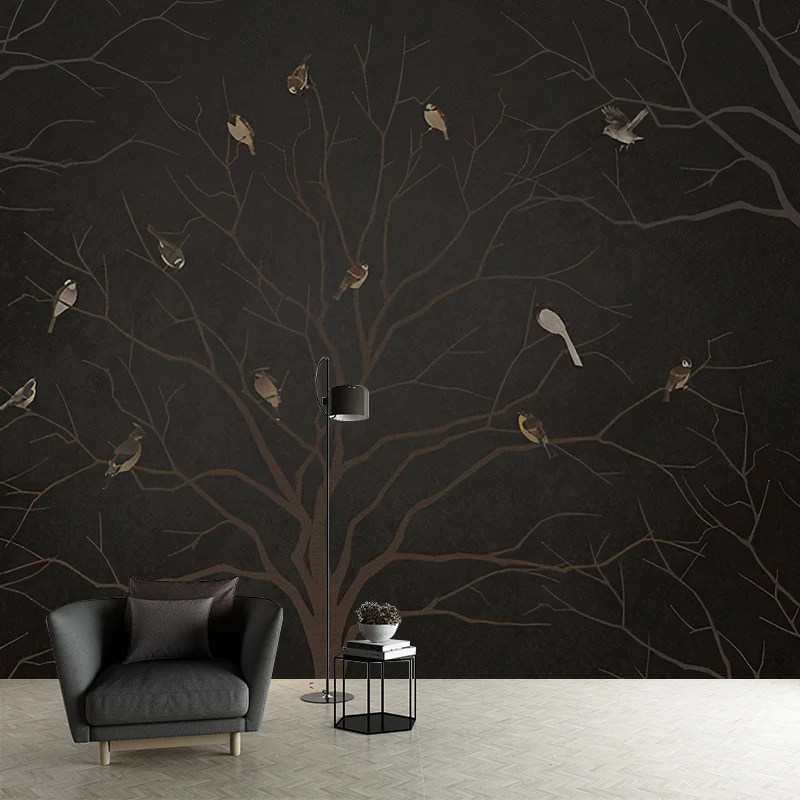 Murales de papel tapiz impermeables, arte minimalista de pared no tejido con patrón de pájaros y árboles desnudos Negro Cl...