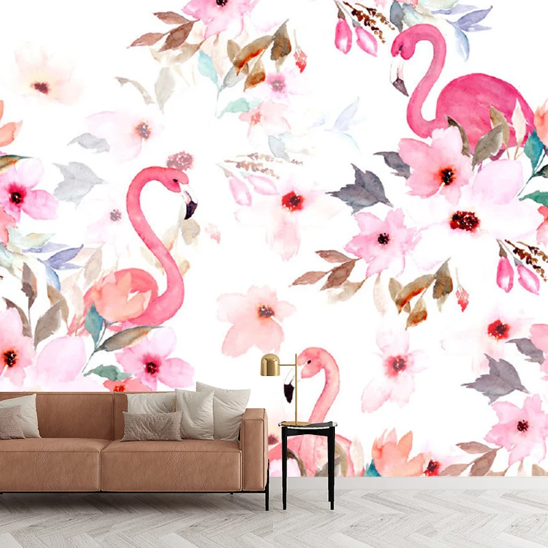 Murales de pared con estampado de flores de flamenco, decoración de pared de tela no tejida Tropical en rosa para el hogar...