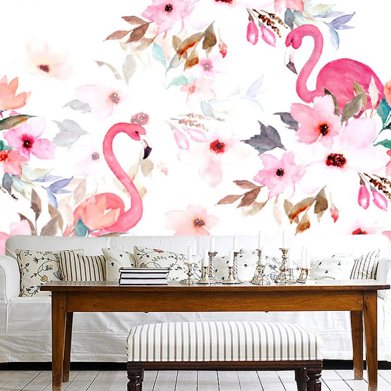 Murales de pared con estampado de flores de flamenco, decoración de pared de tela no tejida Tropical en rosa para el hogar...