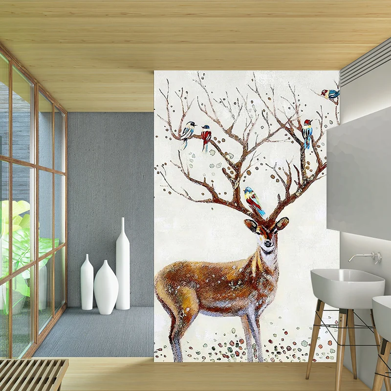 Murales de pared modernos de ciervos Sika para decoración, arte de pared disponible en tamaño personalizado en marrón Marr...