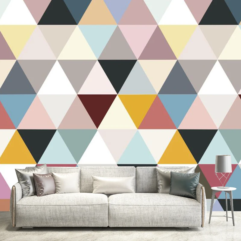 Murales de pared de triángulo entero para dormitorio, arte de pared de retazos en azul, rosa y amarillo, lavables Azul Cle...