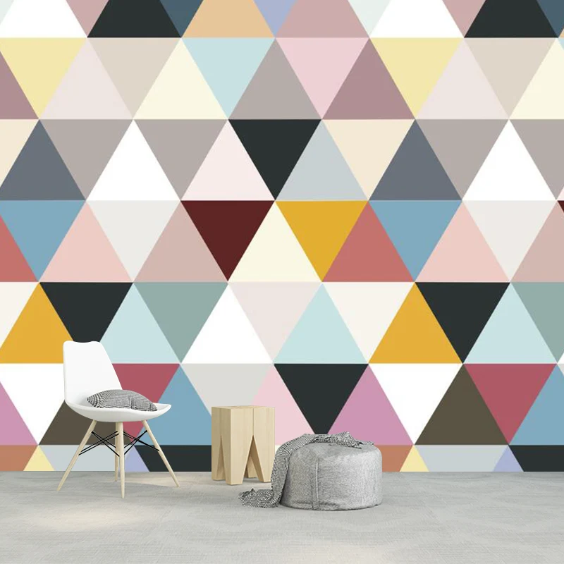 Murales de pared de triángulo entero para dormitorio, arte de pared de retazos en azul, rosa y amarillo, lavables Azul Cle...