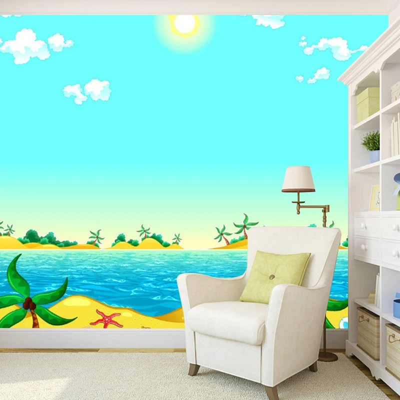 Murales de playa azul y amarillo papel pintado impermeabilizante decoración de pared de baño de dibujos animados Azul Clea...