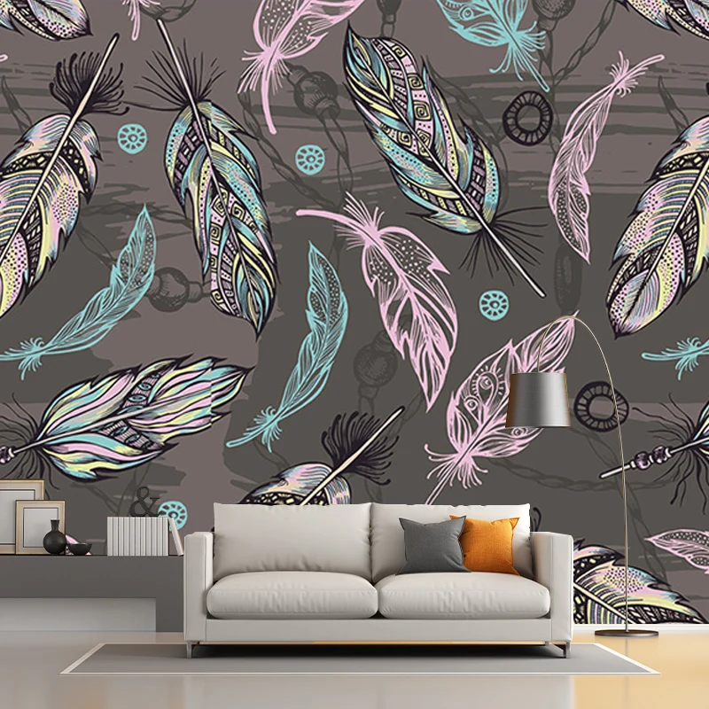 Murales de plumas gris, rosa y verde para decoración de paredes, revestimiento de paredes moderno para sala de estar Gris...