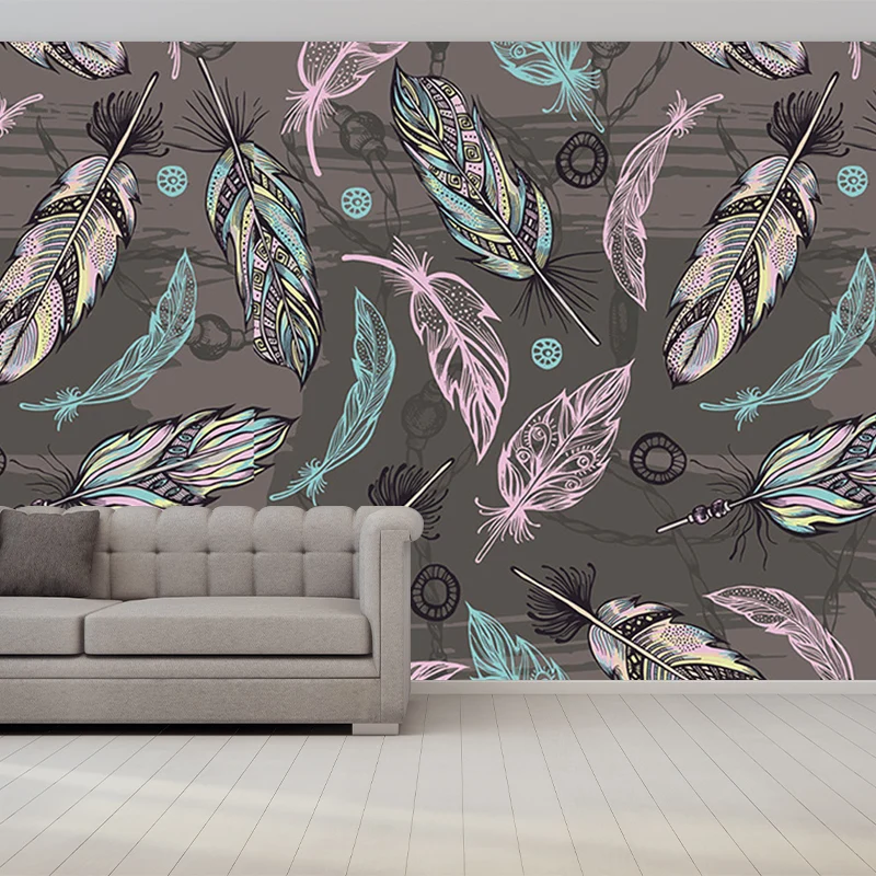 Murales de plumas gris, rosa y verde para decoración de paredes, revestimiento de paredes moderno para sala de estar Gris...