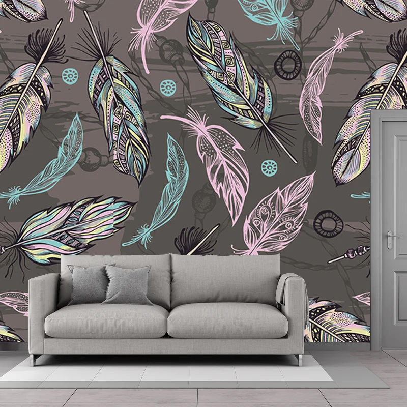 Murales de plumas gris, rosa y verde para decoración de paredes, revestimiento de paredes moderno para sala de estar Gris...