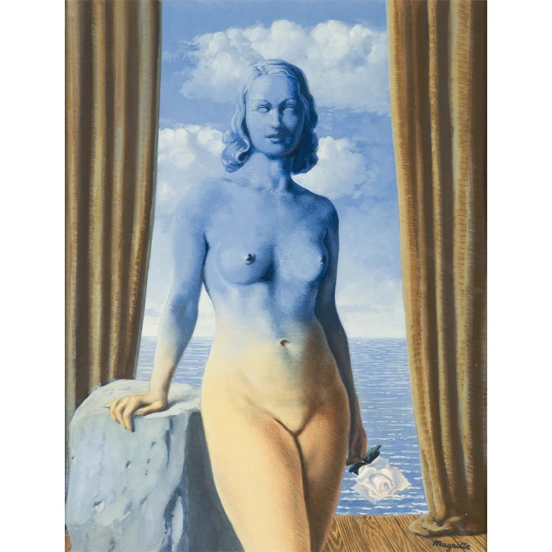 Murales de retrato de mujer desnuda surrealista, arte de pared de fondo de costa amarillo-azul para dormitorio Amarillo Cl...