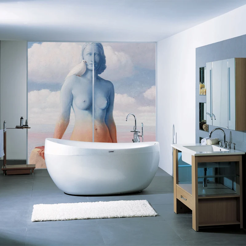 Murales de retrato de mujer desnuda surrealista, arte de pared de fondo de costa amarillo-azul para dormitorio Amarillo Cl...