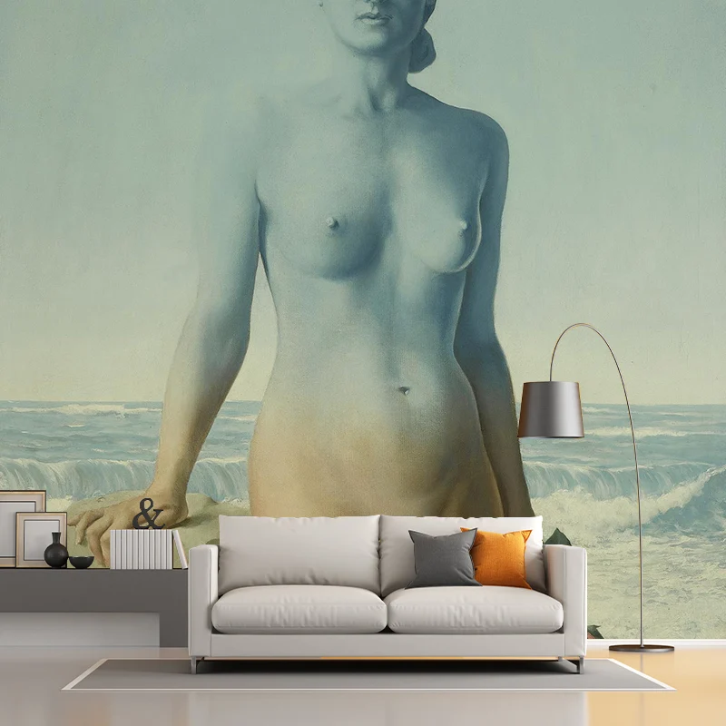 Murales de retrato de mujer desnuda surrealista, arte de pared de fondo de costa amarillo-azul para dormitorio Amarillo Cl...