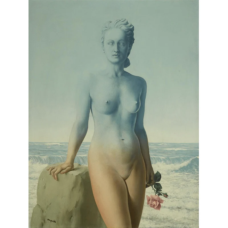 Murales de retrato de mujer desnuda surrealista, arte de pared de fondo de costa amarillo-azul para dormitorio Amarillo Cl...