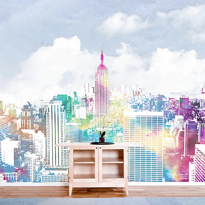 Murales urbanos de Manhattan con vistas la ciudad, arte de pared resistente la humedad, azul y morado, para sala de estar...