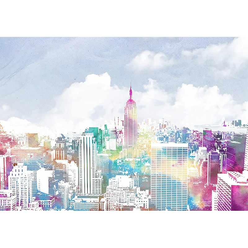Murales urbanos de Manhattan con vistas la ciudad, arte de pared resistente la humedad, azul y morado, para sala de estar...
