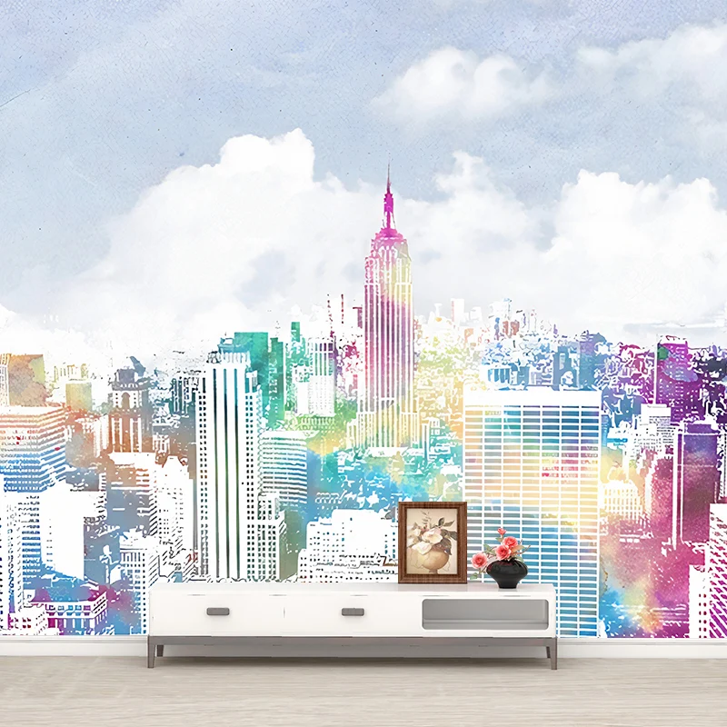 Murales urbanos de Manhattan con vistas la ciudad, arte de pared resistente la humedad, azul y morado, para sala de estar...