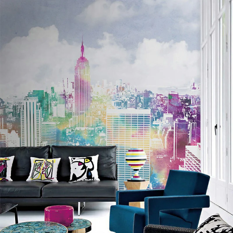 Murales urbanos de Manhattan con vistas la ciudad, arte de pared resistente la humedad, azul y morado, para sala de estar...