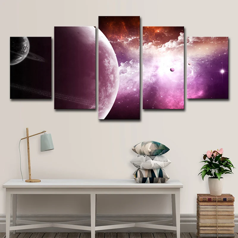 Nebulosa y planeta, arte de pared, paisaje espacial espléndido ficticio, lienzo impreso en morado Purpura Clearhalo