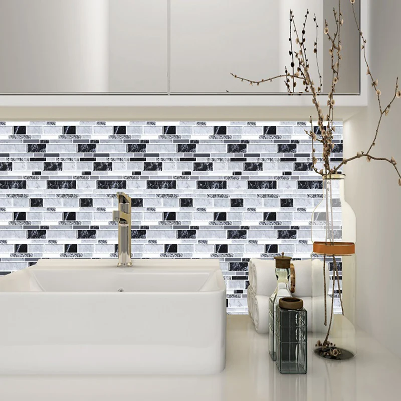 Panel de papel pintado de ladrillo de mármol, juego de pelar y pegar, decoración de pared de baño de granja en gris Gris C...