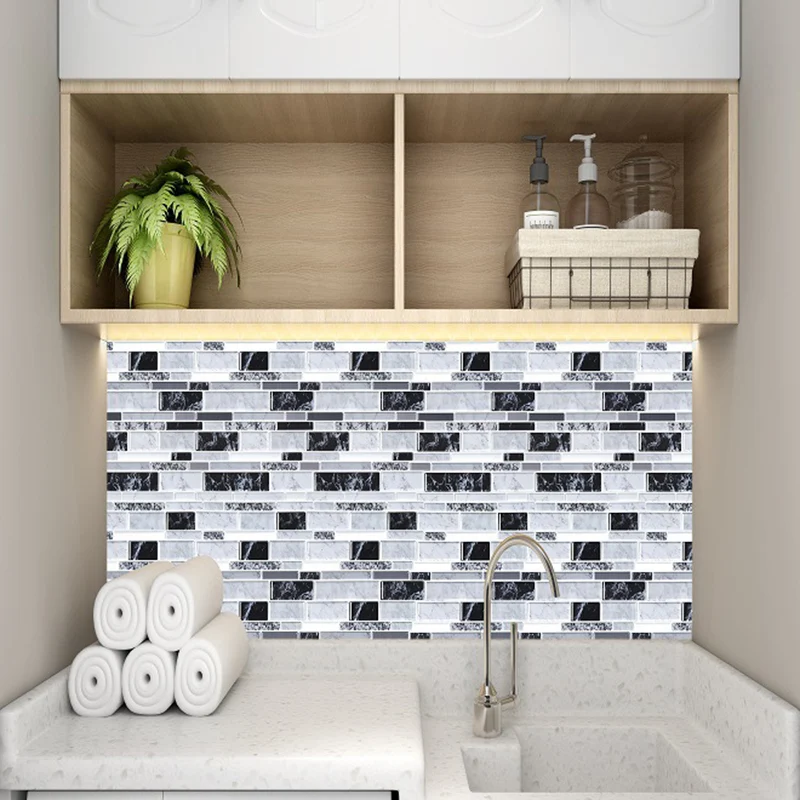 Panel de papel pintado de ladrillo de mármol, juego de pelar y pegar, decoración de pared de baño de granja en gris Gris C...