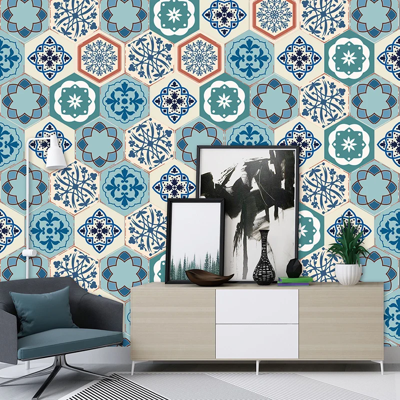 Panel de papel tapiz Aqua Bohemian Stick, arte de pared con estampado de flores de 5,9 pies cuadrados para sala de estar C...