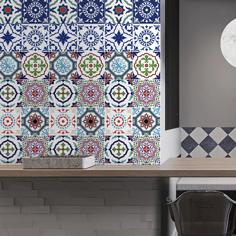 Panel de papel tapiz de mandala de estilo bohemio para cocina, arte de pared de 4,3 pies cuadrados en rojo, azul y verde,...