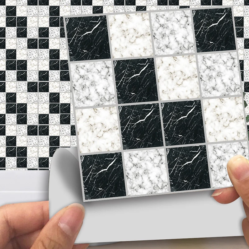 Panel de papel tapiz de mármol, mosaico moderno en blanco y negro, arte de pared para baño Clearhalo