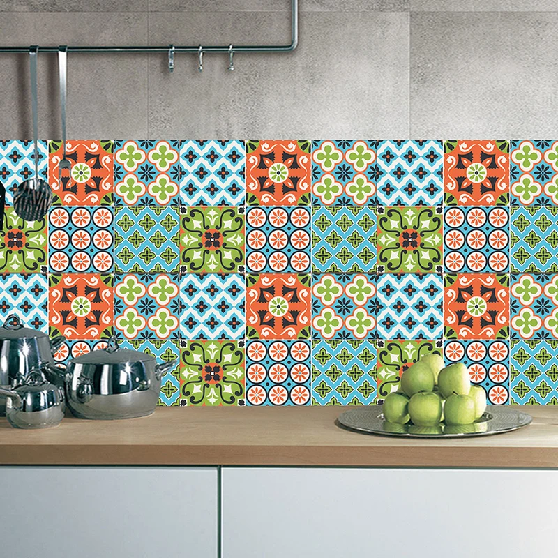 Paneles de papel pintado Floweret Peel and Paste decoración de pared bohemia azul-verde para cocina Clearhalo