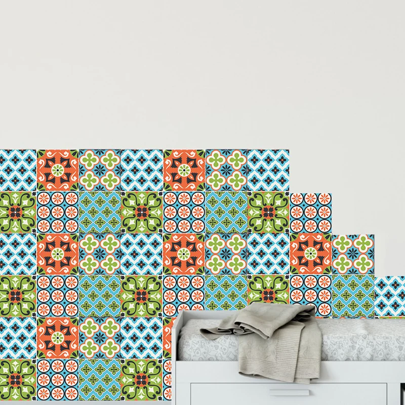 Paneles de papel pintado Floweret Peel and Paste decoración de pared bohemia azul-verde para cocina Clearhalo
