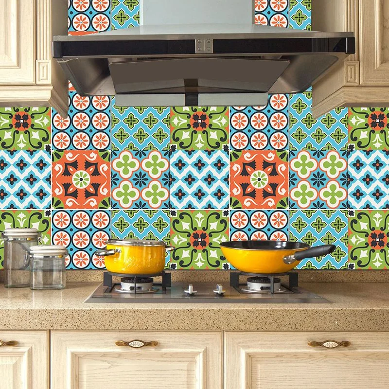 Paneles de papel pintado Floweret Peel and Paste decoración de pared bohemia azul-verde para cocina Clearhalo