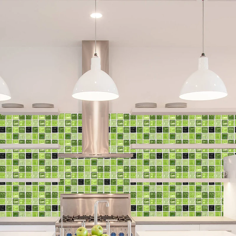 Paneles de papel tapiz cuadros verdes, mosaicos, azulejos, decoración moderna de pared para cocina, pelar y pegar Clearhalo