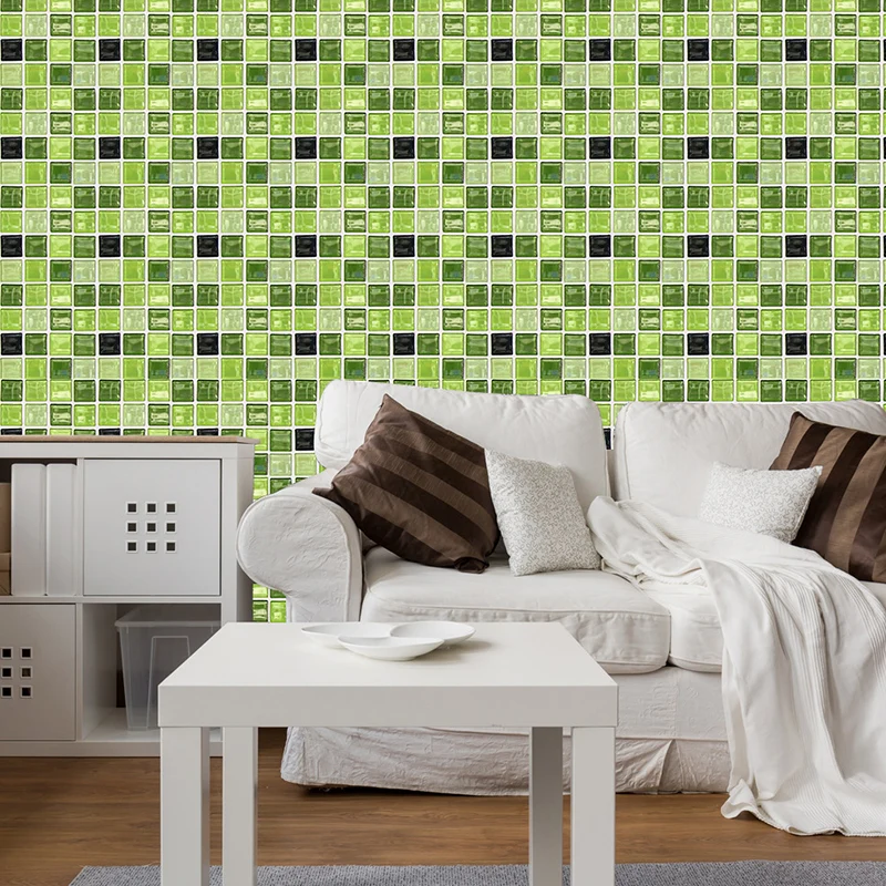 Paneles de papel tapiz cuadros verdes, mosaicos, azulejos, decoración moderna de pared para cocina, pelar y pegar Clearhalo