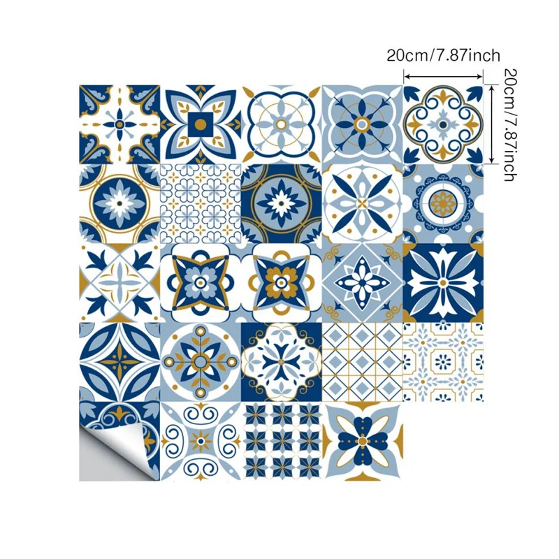 Paneles de papel tapiz florales Boho-Chic, decoración de pared azul autoadhesiva de PVC para baño Azul Clearhalo