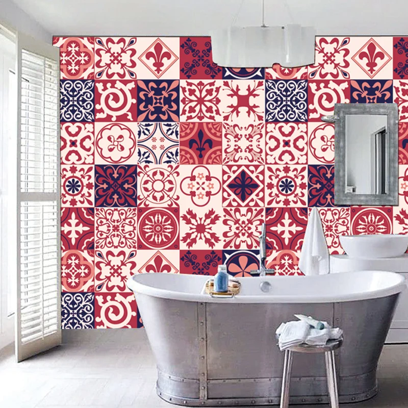 Paneles de papel tapiz florales rojos, azulejos de mosaico, palitos de recogida bohemios, revestimiento de paredes para ba...