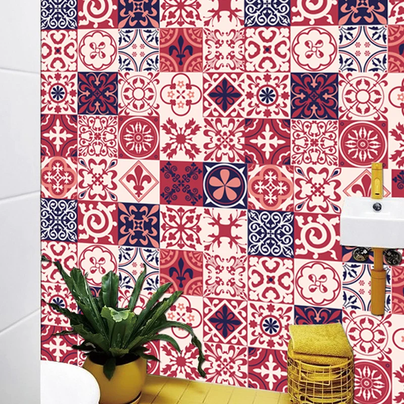 Paneles de papel tapiz florales rojos, azulejos de mosaico, palitos de recogida bohemios, revestimiento de paredes para ba...