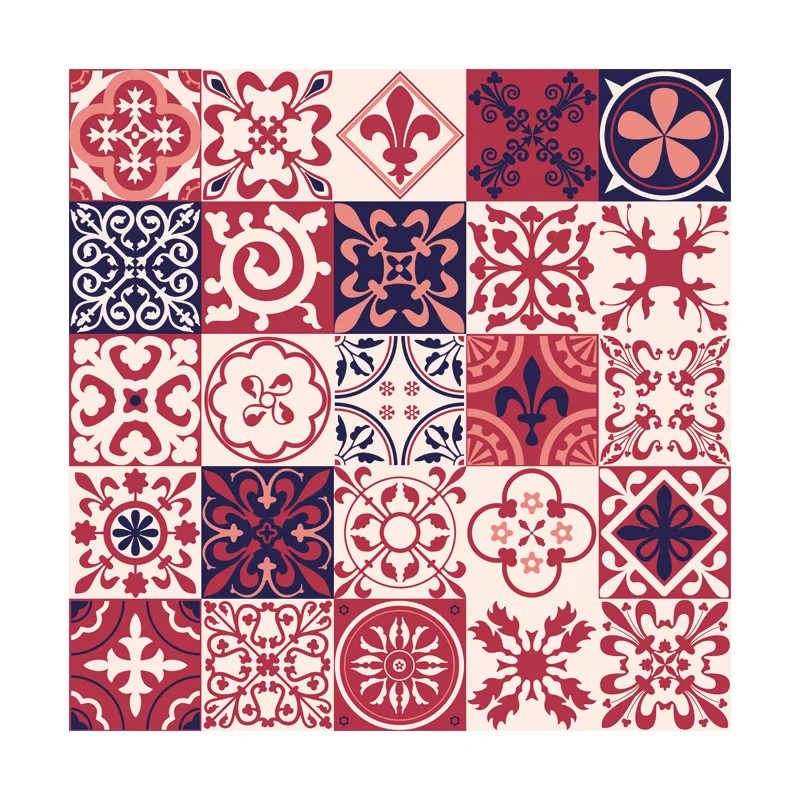 Paneles de papel tapiz florales rojos, azulejos de mosaico, palitos de recogida bohemios, revestimiento de paredes para ba...