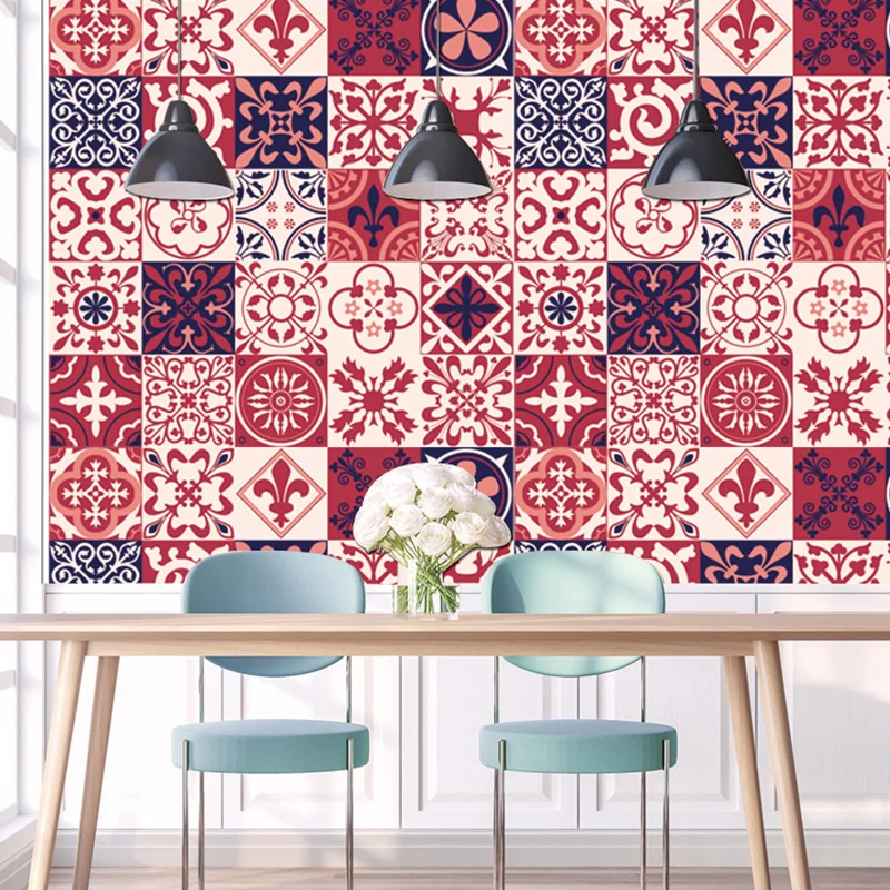 Paneles de papel tapiz florales rojos, azulejos de mosaico, palitos de recogida bohemios, revestimiento de paredes para ba...