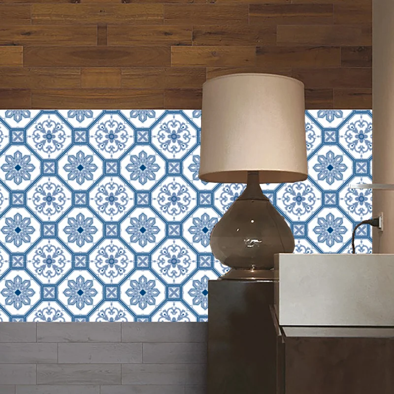 Paneles de papel tapiz de flores azules, revestimiento de paredes bohemio para baño autoadhesivo (20 piezas) Clearhalo