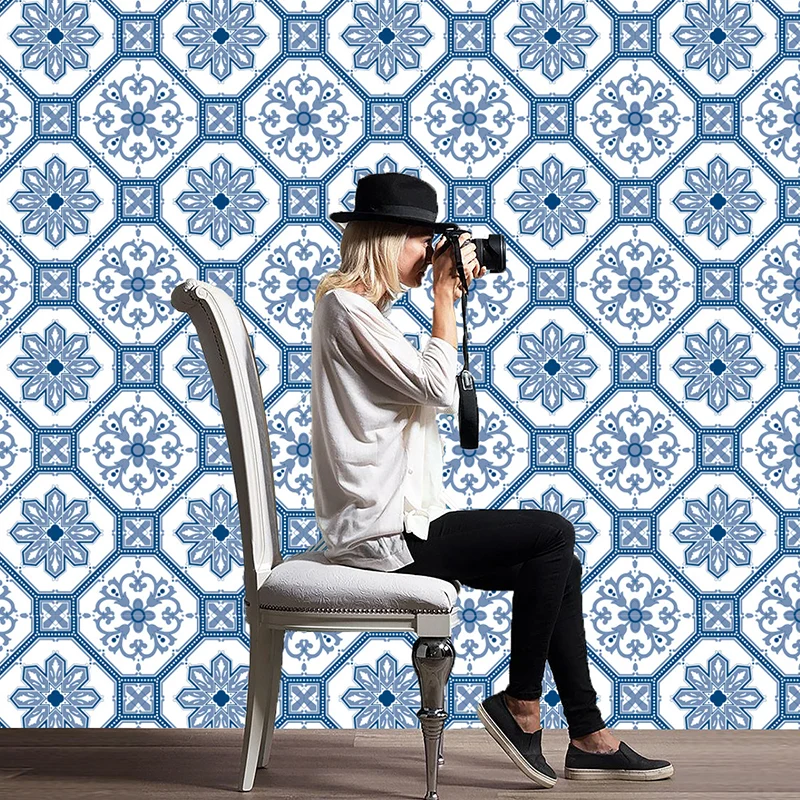 Paneles de papel tapiz de flores azules, revestimiento de paredes bohemio para baño autoadhesivo (20 piezas) Clearhalo