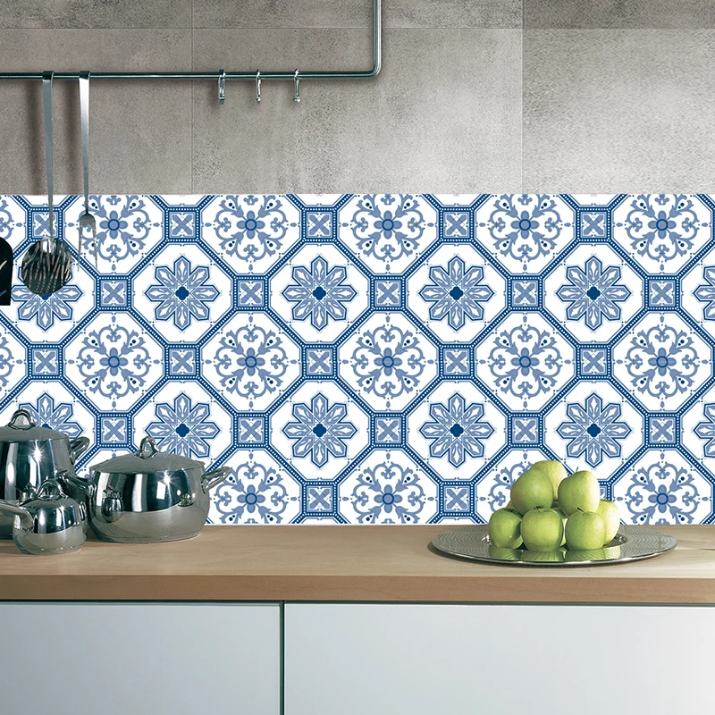Paneles de papel tapiz de flores azules, revestimiento de paredes bohemio para baño autoadhesivo (20 piezas) Clearhalo