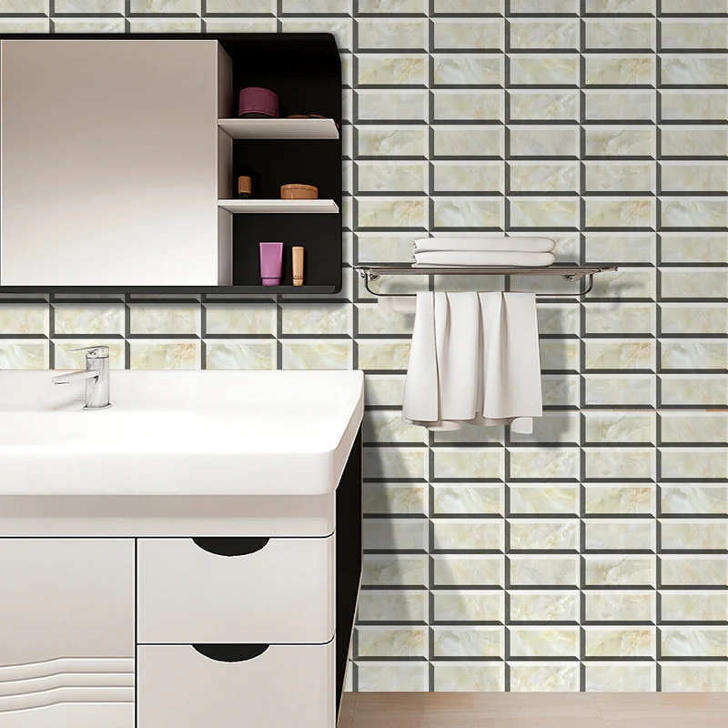 Paneles de papel tapiz lisos y extraíbles, decoración de pared de ladrillo 3D de imitación rural para baño (12 piezas) Bei...