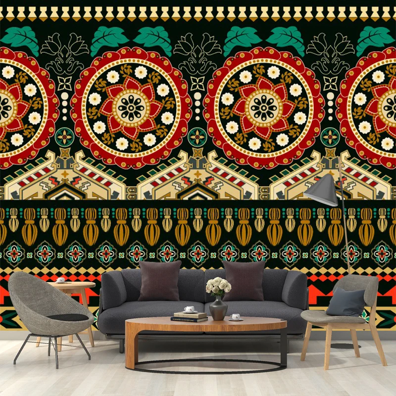 Papel pintado con diseño de mandala sin costuras, arte de pared bohemio de tela no tejida en amarillo y verde Amarillo Cle...