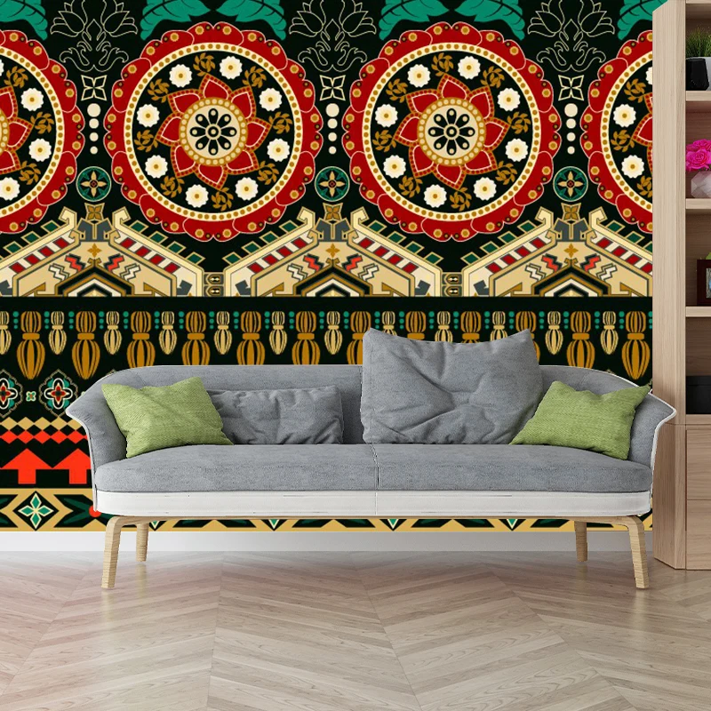 Papel pintado con diseño de mandala sin costuras, arte de pared bohemio de tela no tejida en amarillo y verde Amarillo Cle...