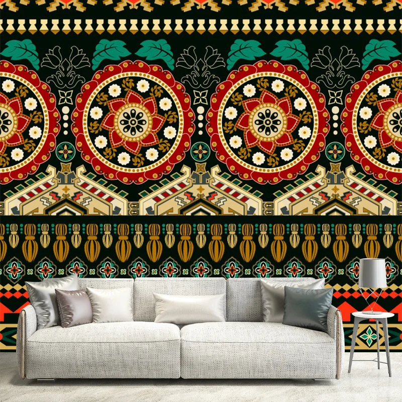 Papel pintado con diseño de mandala sin costuras, arte de pared bohemio de tela no tejida en amarillo y verde Amarillo Cle...