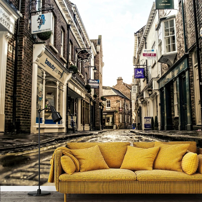 Papel pintado fotográfico impreso grande arte de pared de edificios europeos y callejeros para bar y cafeterí, amarillo pa...
