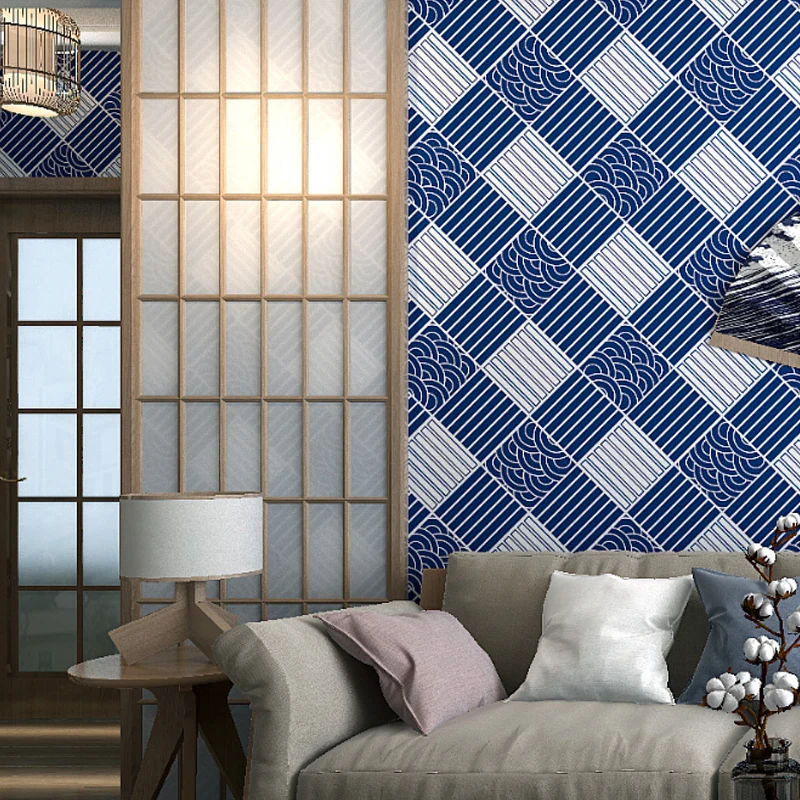 Papel pintado japonés Ukiyoe cuadrado y rayas, revestimiento de pared no pegado, 31 pies x 20,5 pulgadas, azul y blanco Cl...