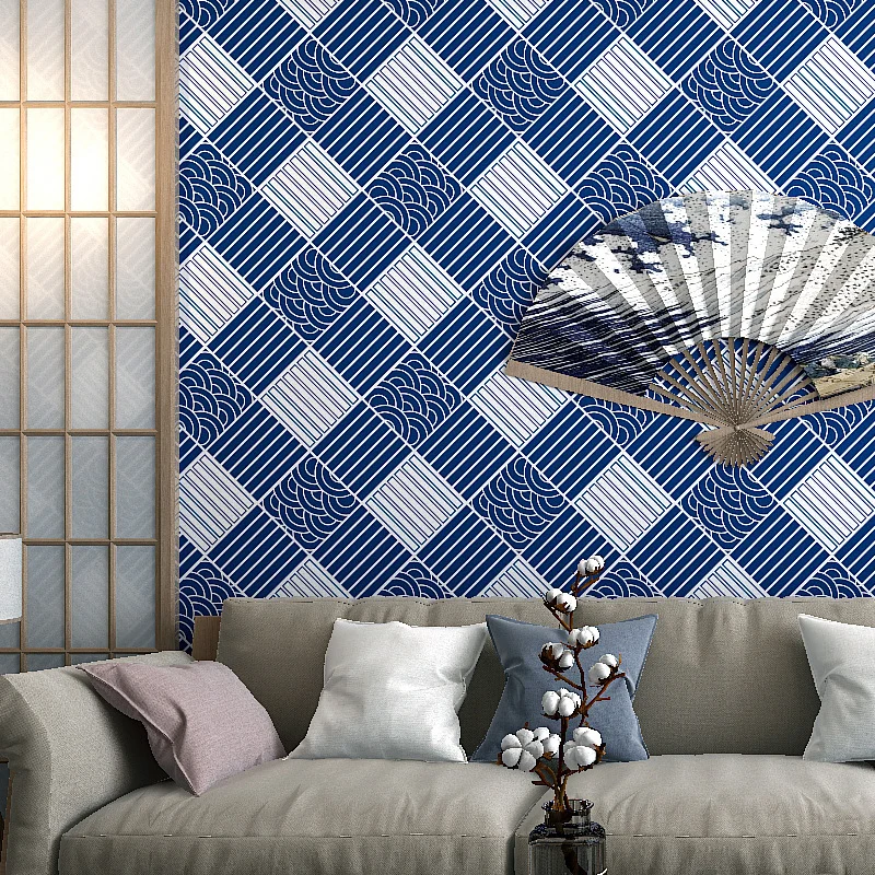 Papel pintado japonés Ukiyoe cuadrado y rayas, revestimiento de pared no pegado, 31 pies x 20,5 pulgadas, azul y blanco Cl...