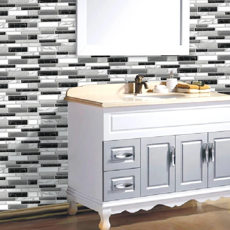 Papel pintado de ladrillo despegable, decoración de pared de azulejos de mosaico rústico y limpio en color oscuro, 12' x 1...