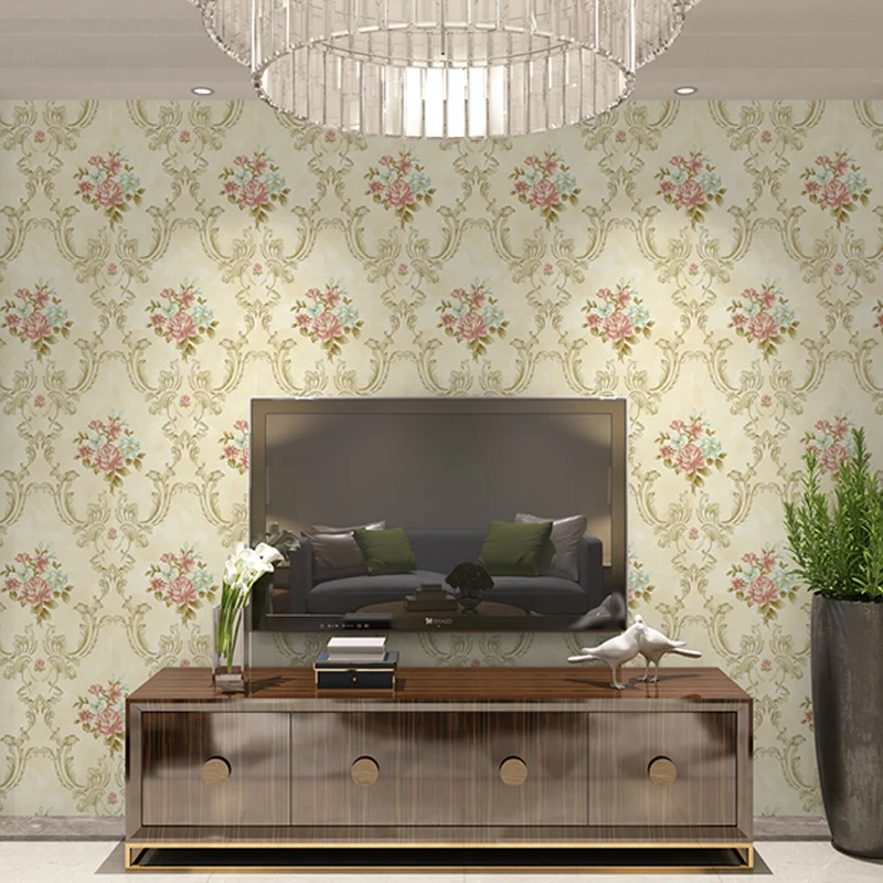 Papel pintado lavable con estampado de peonías, tela no tejida, decoración rústica de pared para sala de estar Beis Clearhalo