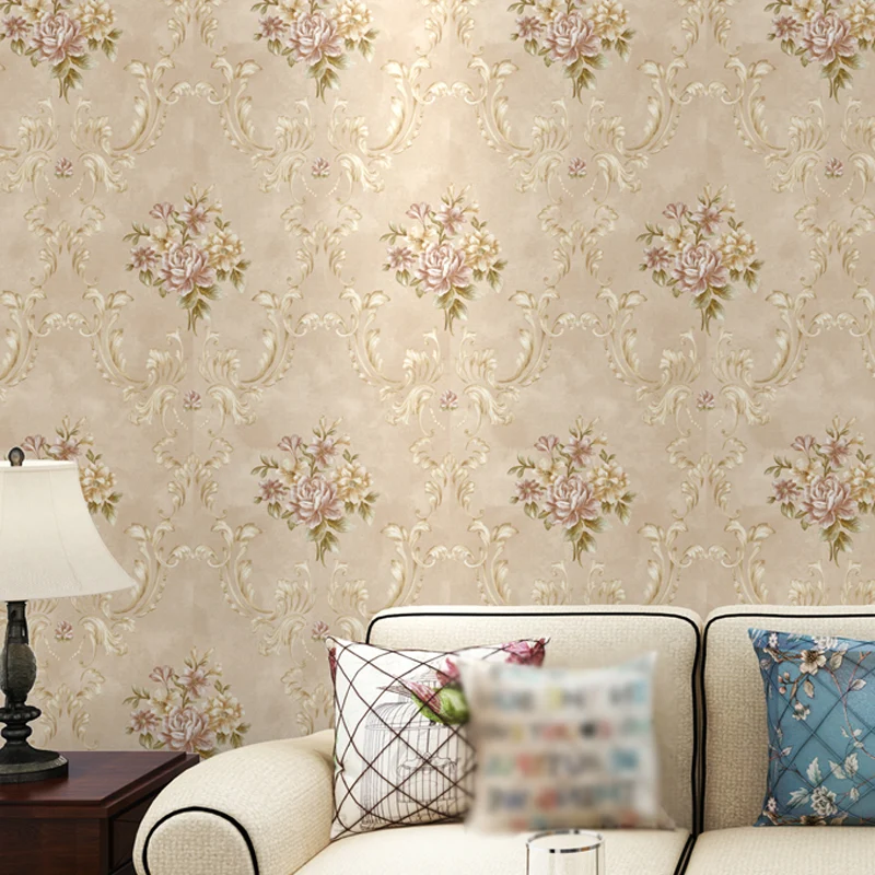 Papel pintado lavable con estampado de peonías, tela no tejida, decoración rústica de pared para sala de estar Beis Clearhalo