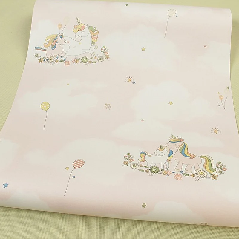 Papel pintado lindo del unicornio de la historieta para el dormitorio de los niños, color suave, 31' L x 20.5" W Rosa Clea...